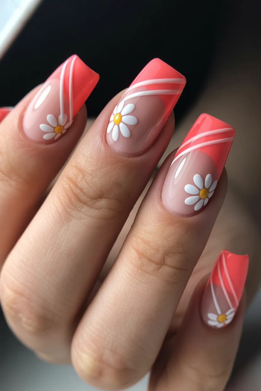 cute spring coffin nails 2026 coral daisy coffin nails 14