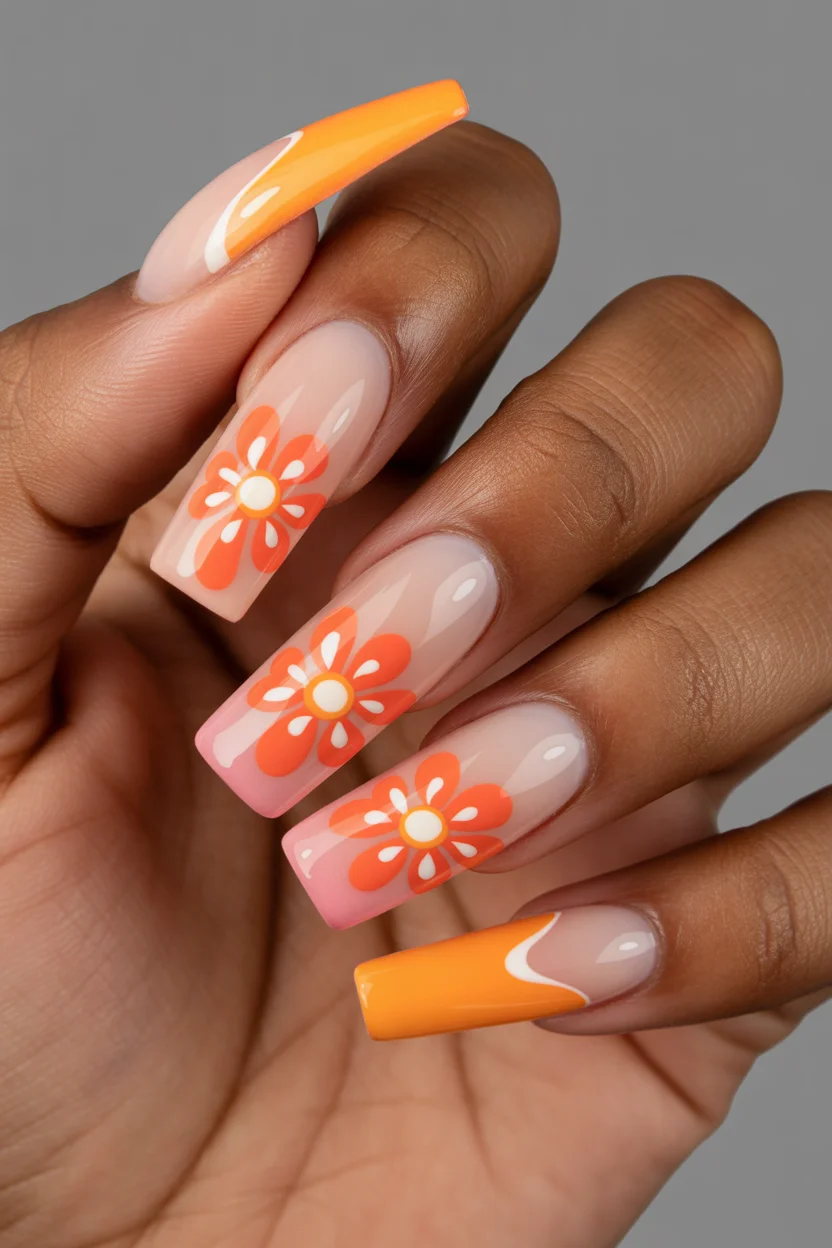 cute spring coffin nails 2026 orange floral coffin nails 15