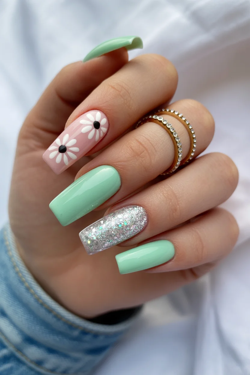 cute spring coffin nails 2026 mint daisy coffin nails 16