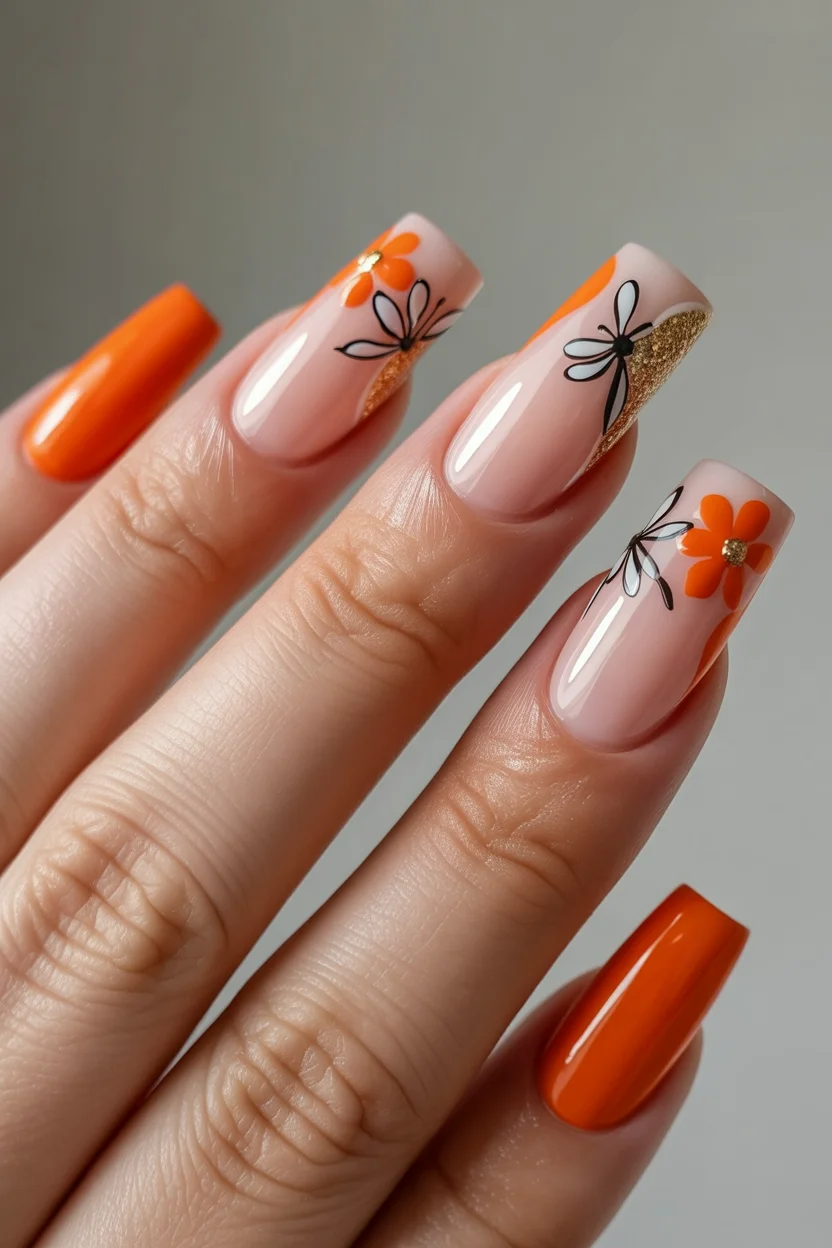 cute spring coffin nails 2026 orange floral coffin nails 17