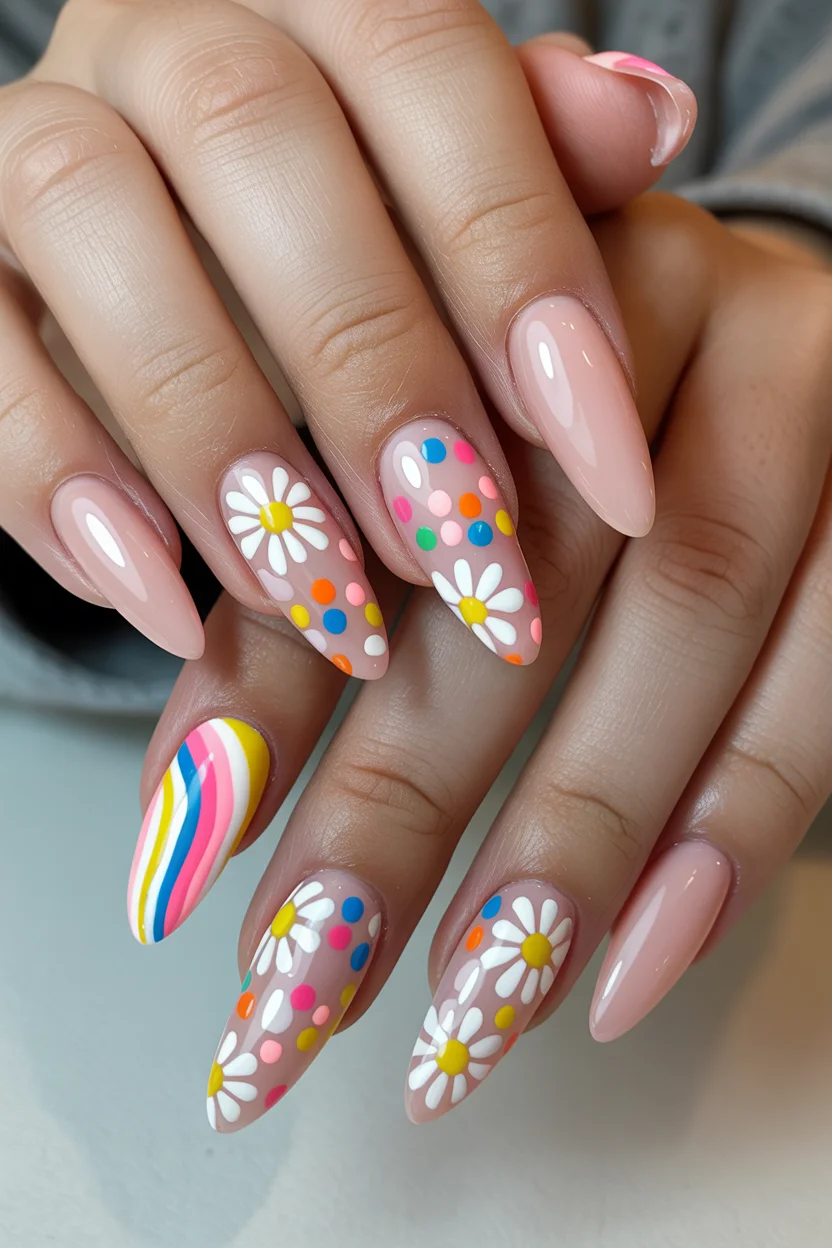 cute spring coffin nails 2026 confetti daisy coffin nails design