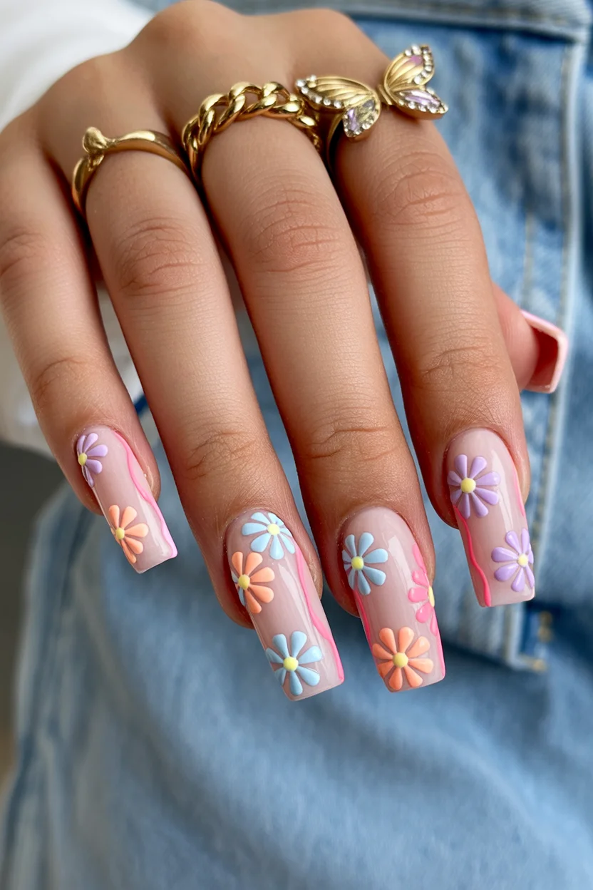 cute spring coffin nails 2026 pastel floral coffin nails design