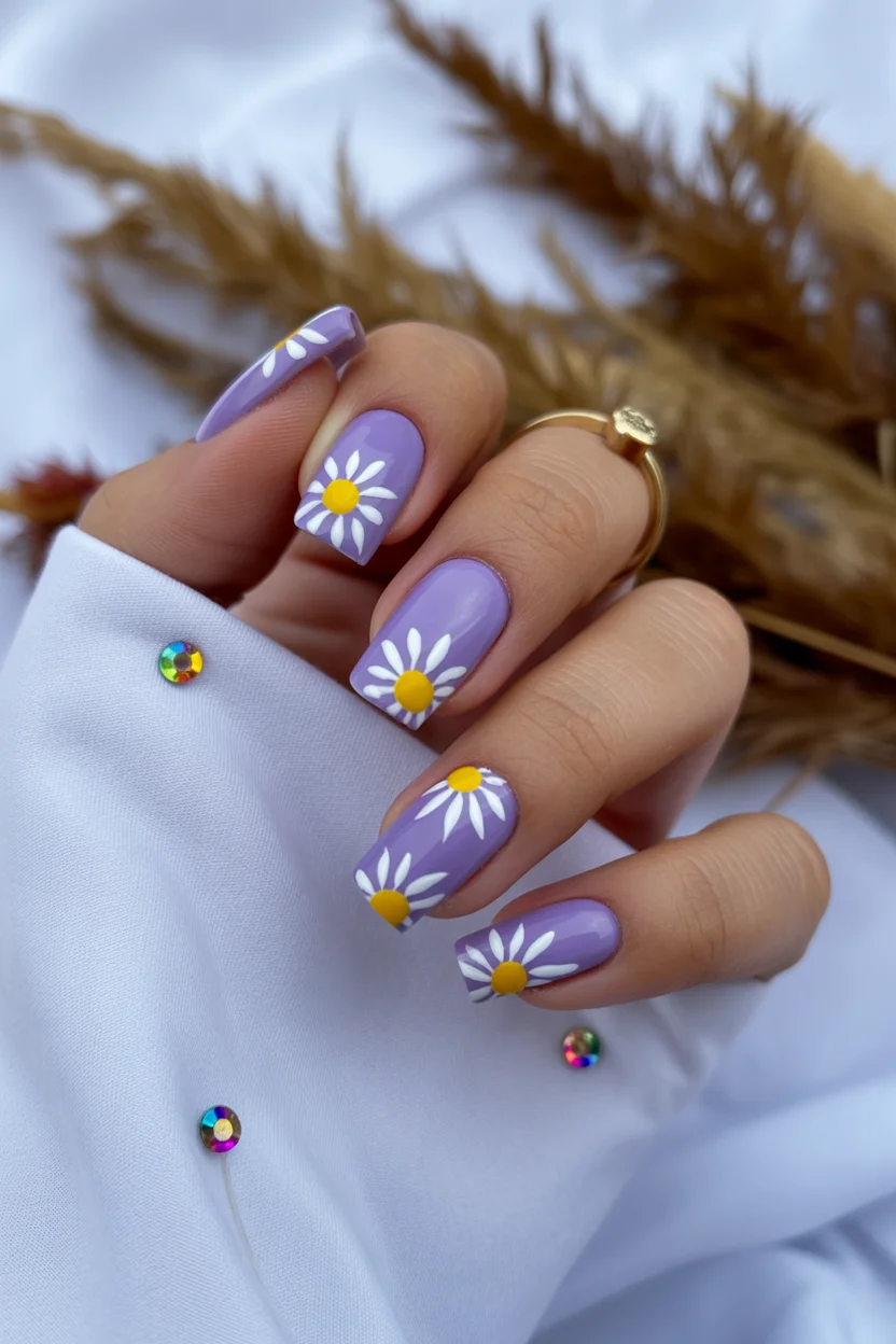 cute spring coffin nails 2026 lavender daisy coffin nails