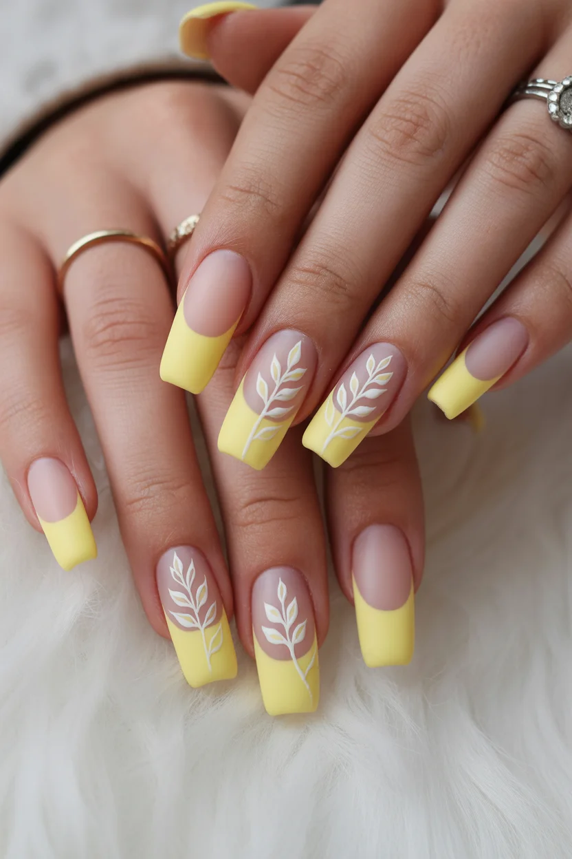 cute spring coffin nails 2026 yellow botanical coffin nails 7