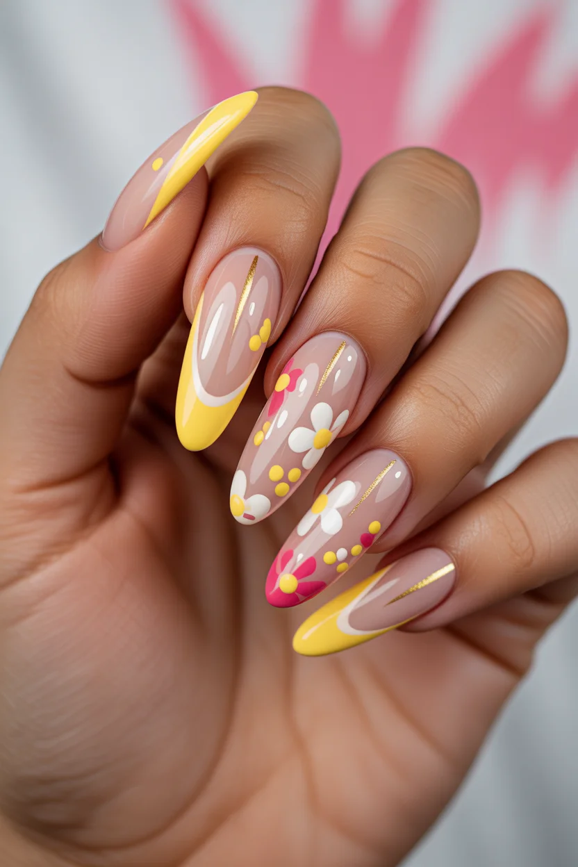 cute spring coffin nails 2026 yellow daisy coffin nails design 9
