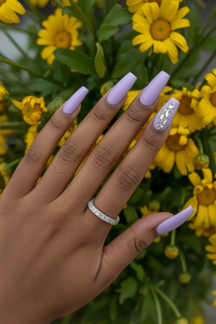 cute spring nails for dark skin 2026 Lavender Coffin with Crystal Accent 10