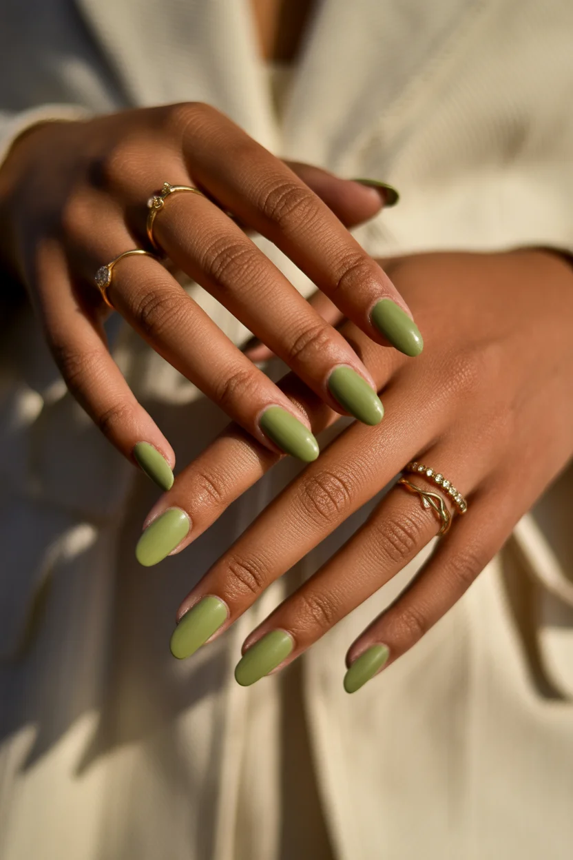cute spring nails for dark skin 2026 Olive Green Almond for Earthy Spring 12