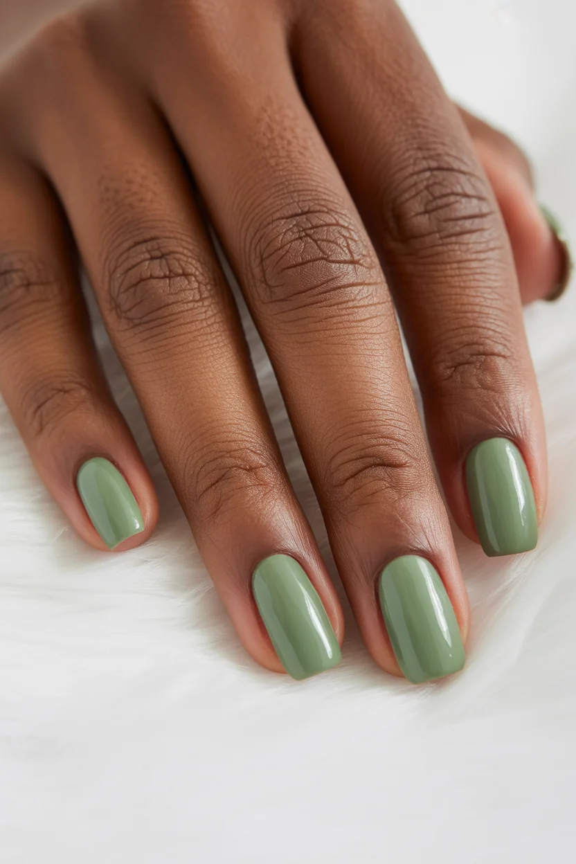 cute spring nails for dark skin 2026 Soft Sage Short Square Minimalism 13