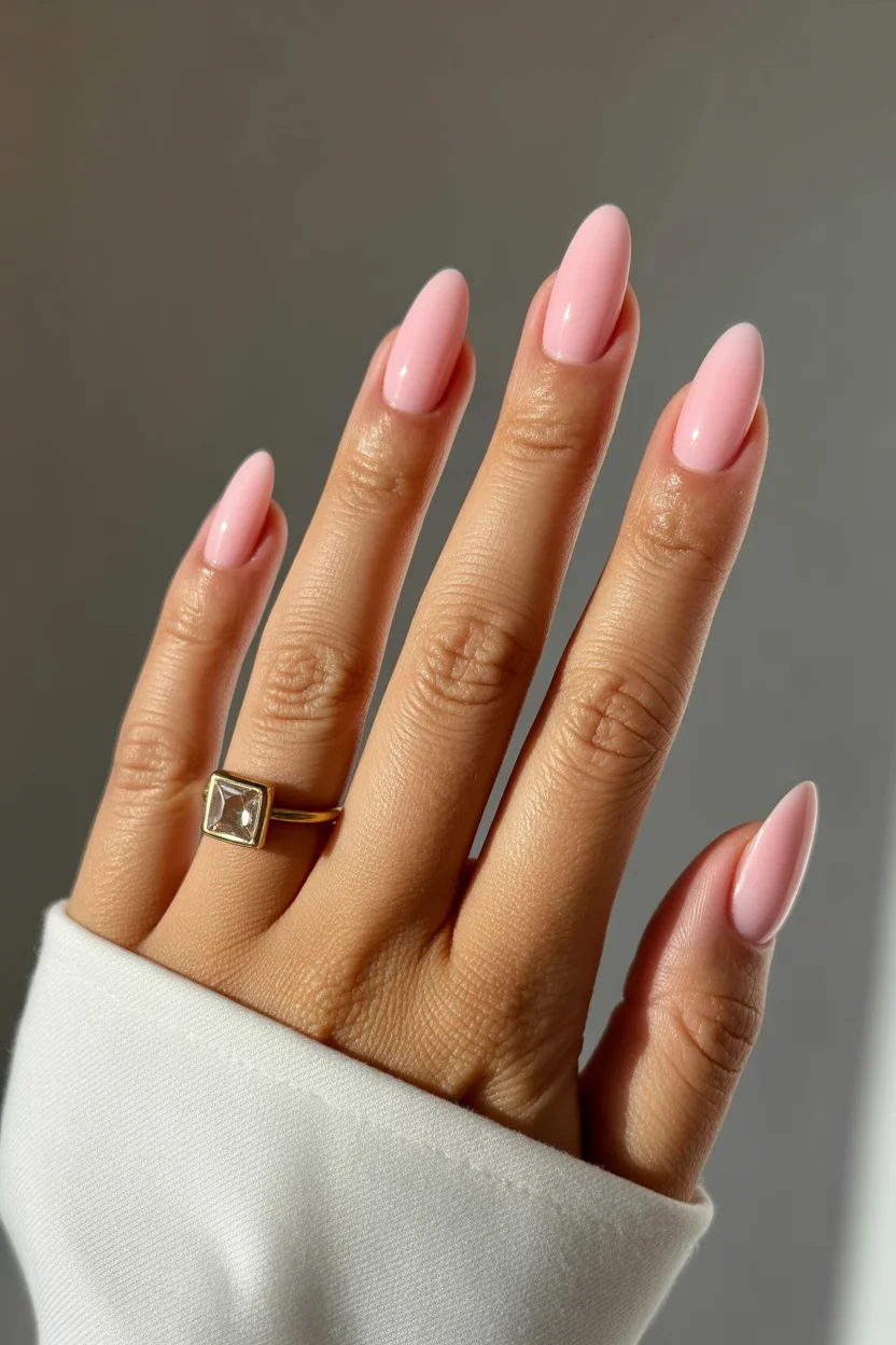 cute spring nails for dark skin 2026 Glossy Baby Pink Almond Reset 14