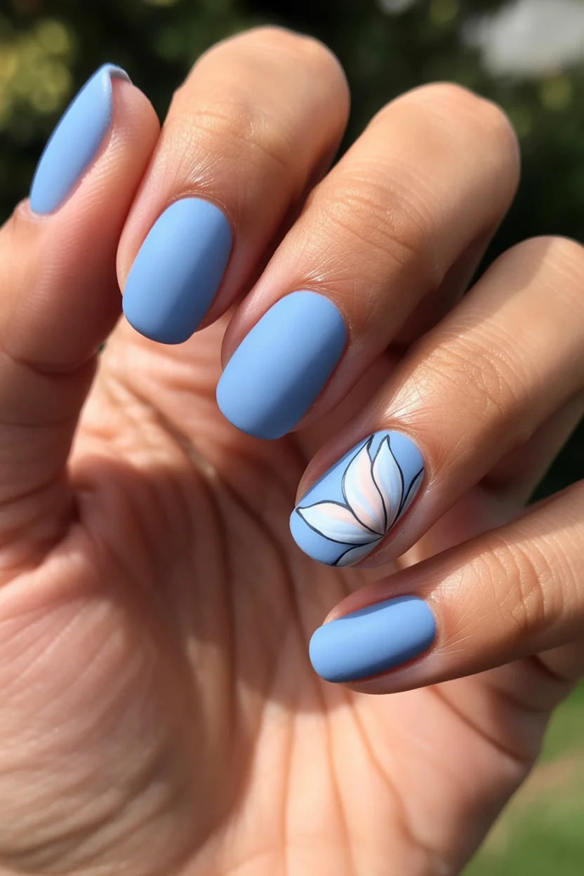 cute spring nails for dark skin 2026 Matte Sky Blue with Floral Accent 15
