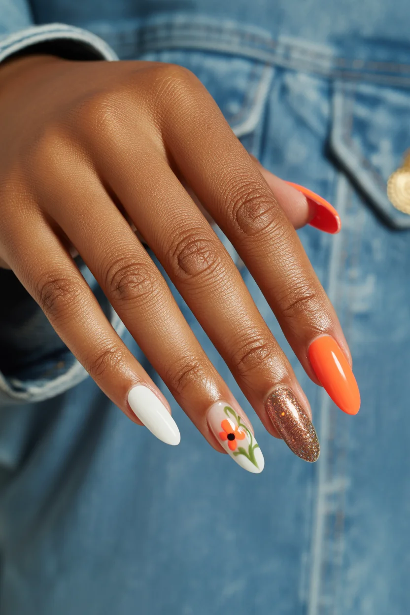 cute spring nails for dark skin 2026 Mixed Art and Glitter for Playful Spring 8