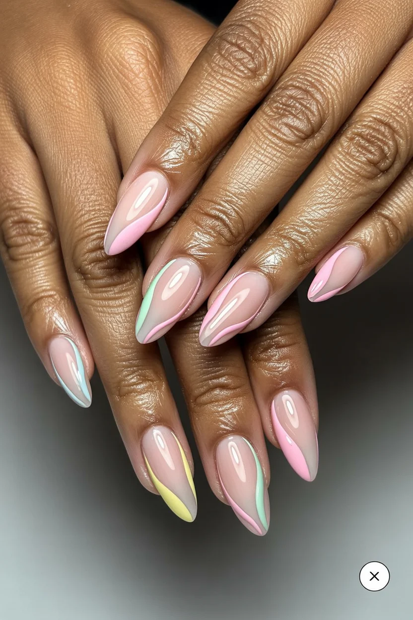 cute spring oval nails 2026 pastel swirl elegance with modern french twist