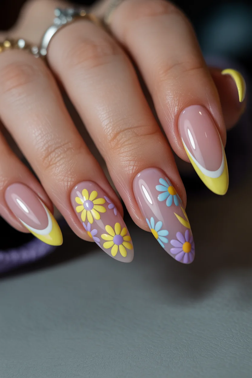cute spring oval nails 2026 yellow floral french 11