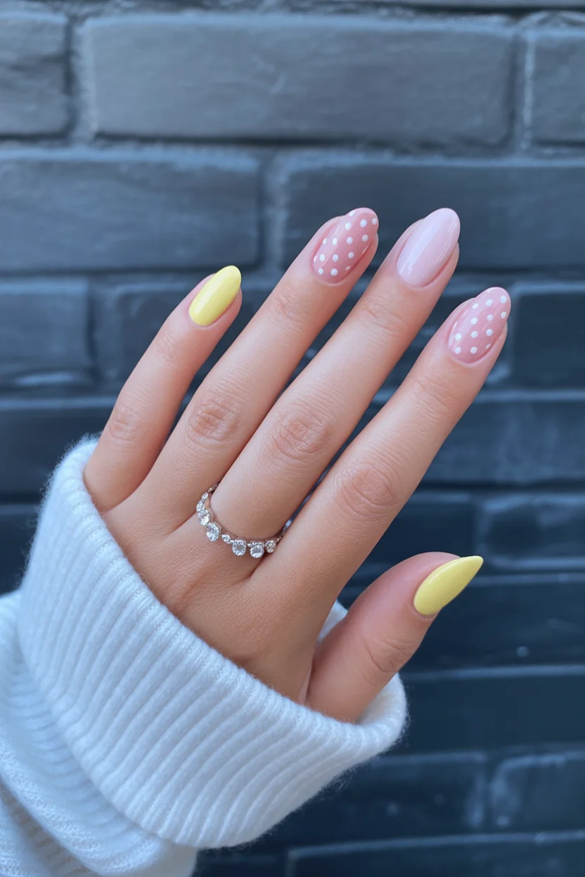 cute spring oval nails 2026 yellow polka dot design 12