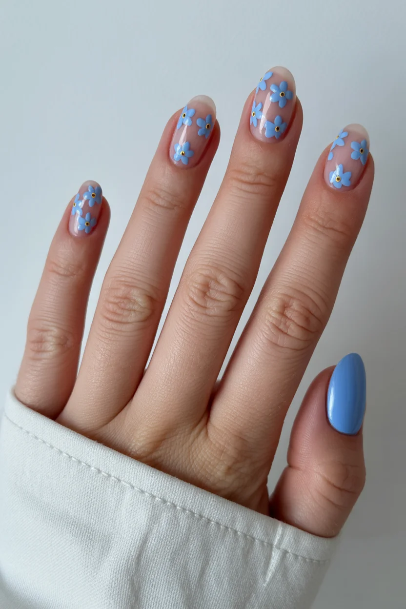 cute spring oval nails 2026 blue floral overlay 13