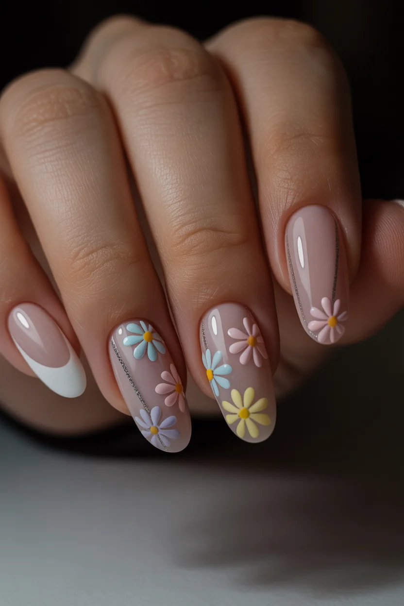 cute spring oval nails 2026 floral french silver detail 15