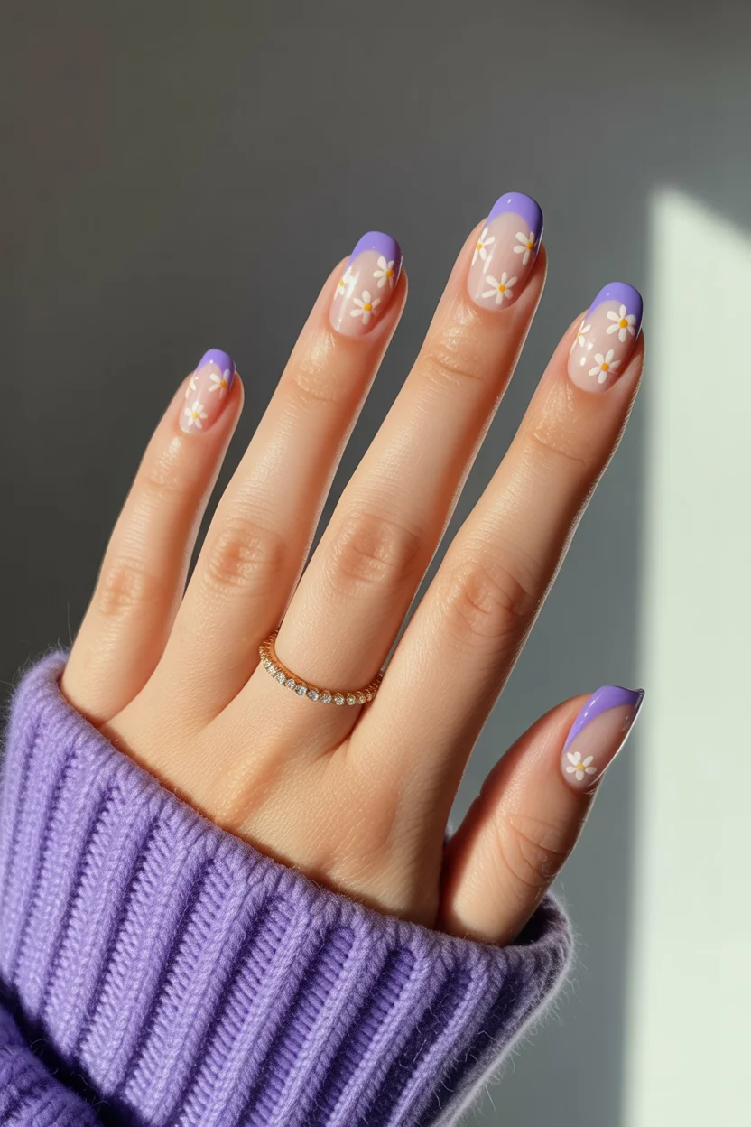 cute spring oval nails 2026 lavender french daisies 17