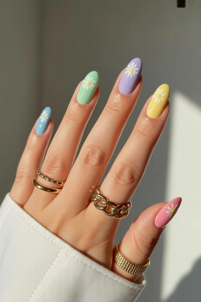 cute spring oval nails 2026 multicolor pastel daisies 18
