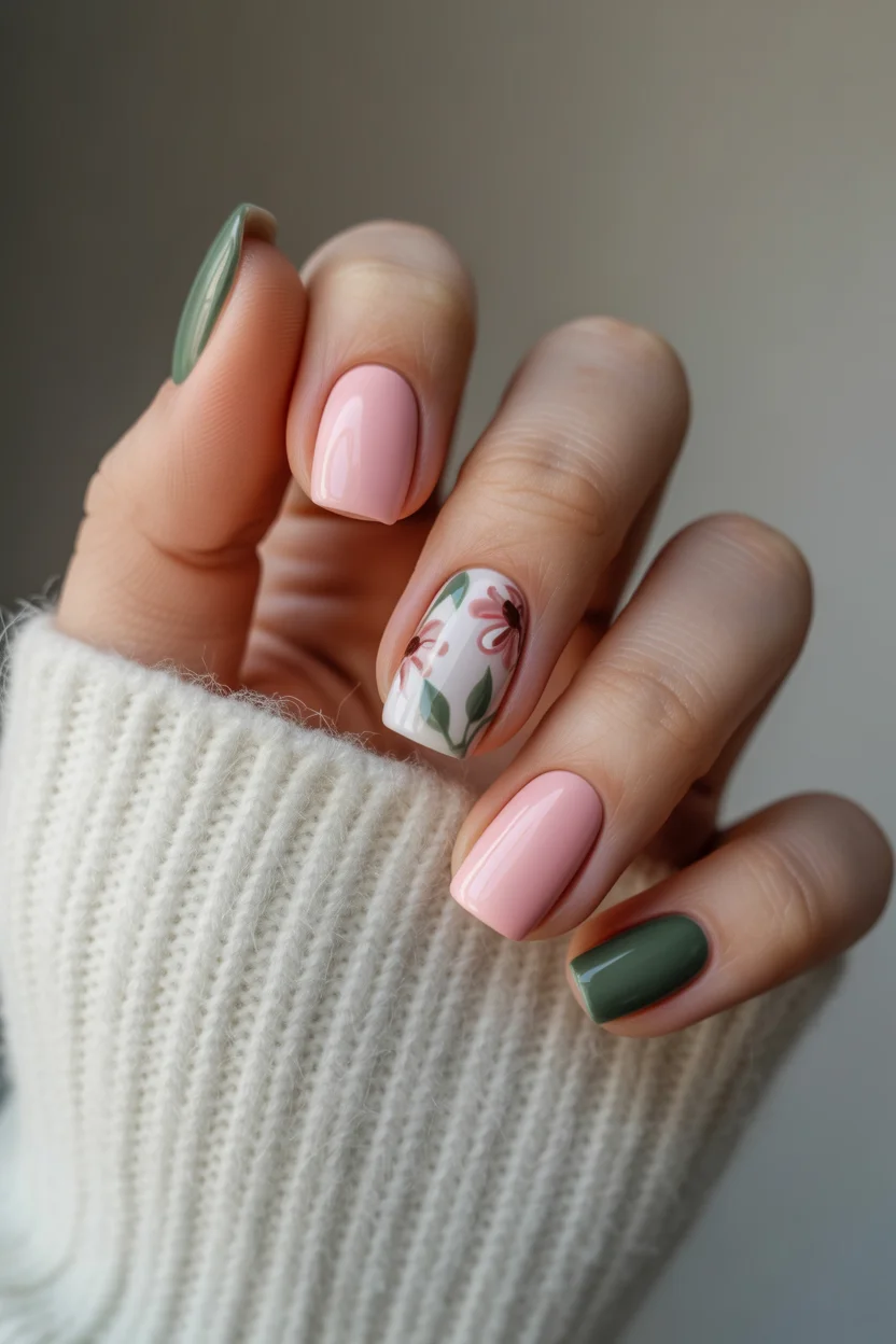 cute spring oval nails 2026 green pink floral accent 19