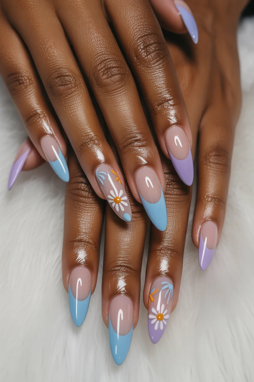 cute spring oval nails 2026 pastel blue and purple daisy design