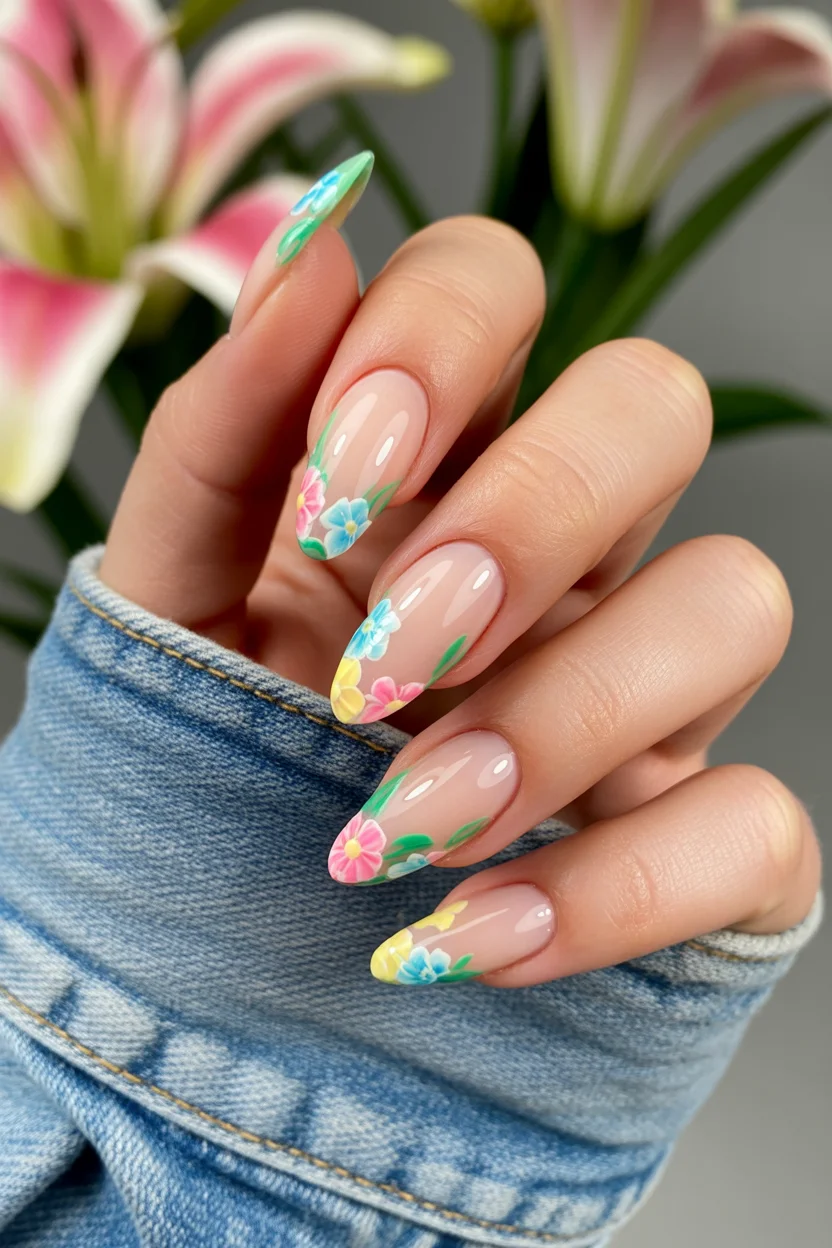 cute spring oval nails 2026 nude base with colorful floral corners