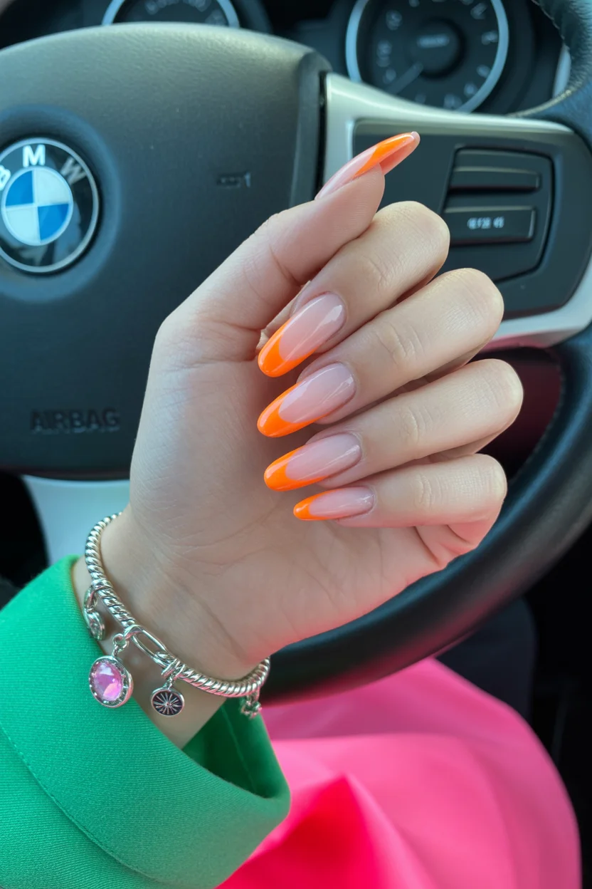 cute spring oval nails 2026 neon orange french 6
