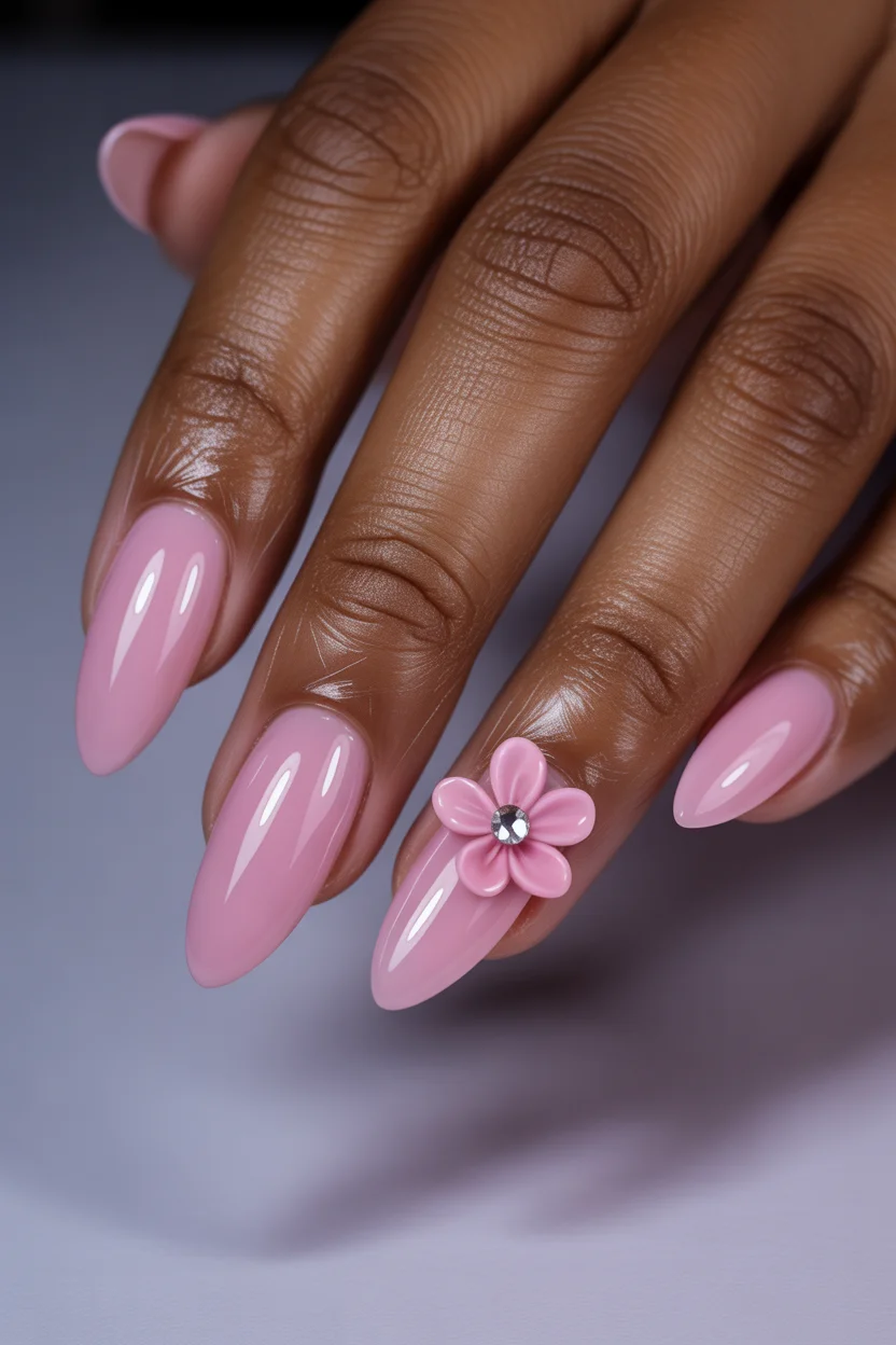 cute spring oval nails 2026 3d pink flower 8