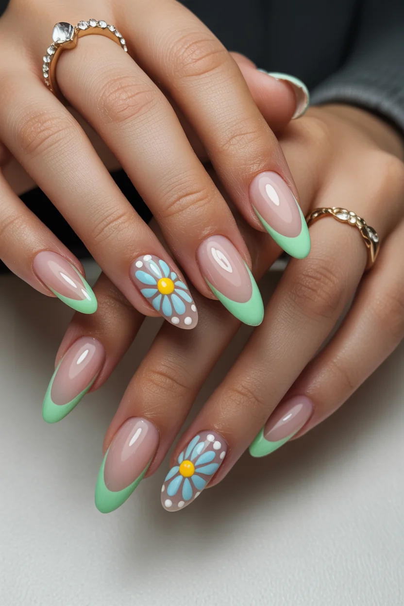 cute spring oval nails 2026 mint green french daisy 9