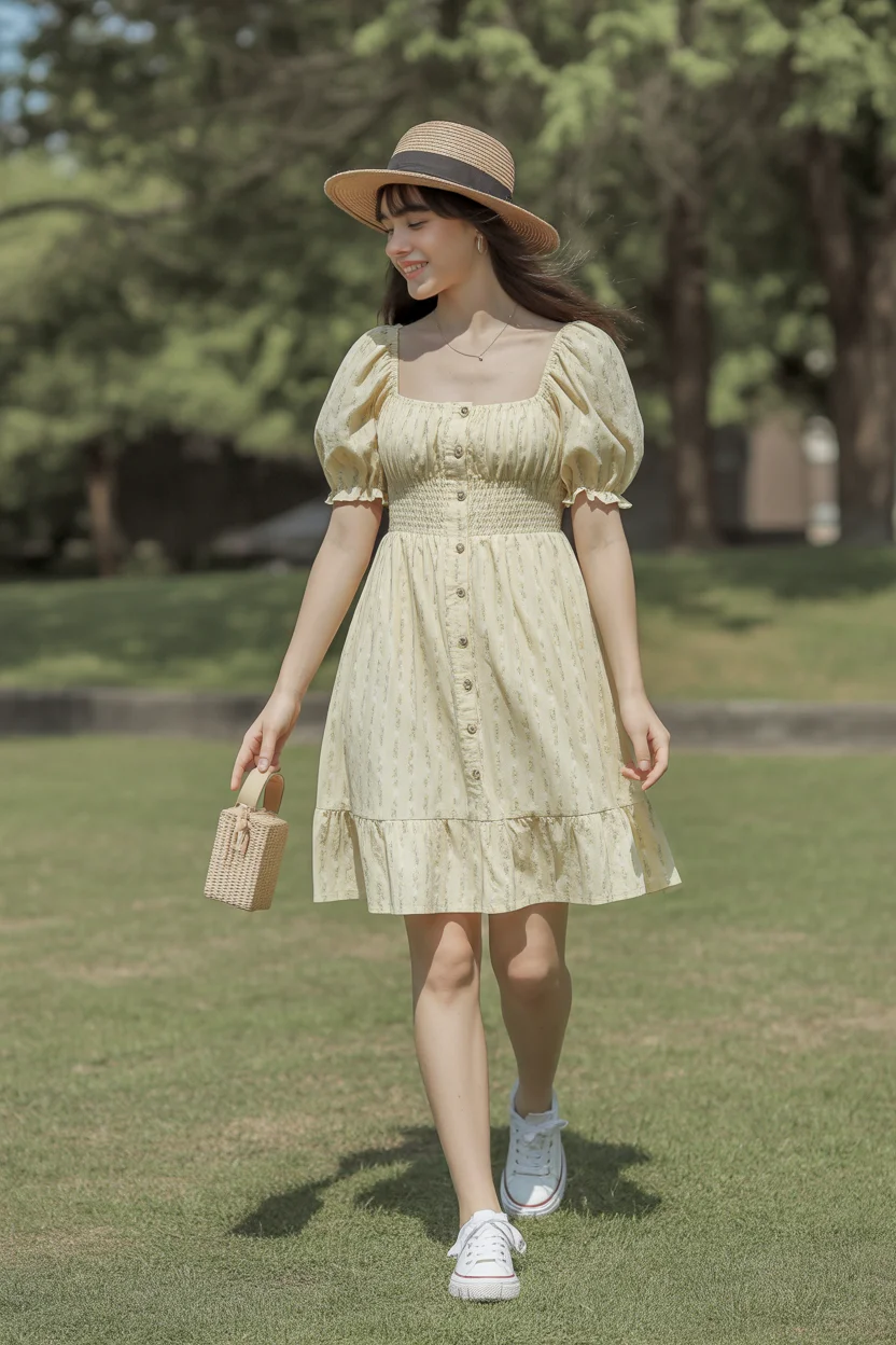 cute summer outfits for teens 2026 Butter Yellow Puff Sleeve Dress And Straw Details 11