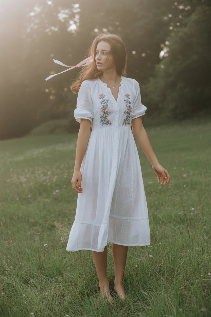 cute summer outfits for teens 2026 White Embroidered Midi Dress With Soft Prairie Mood 12