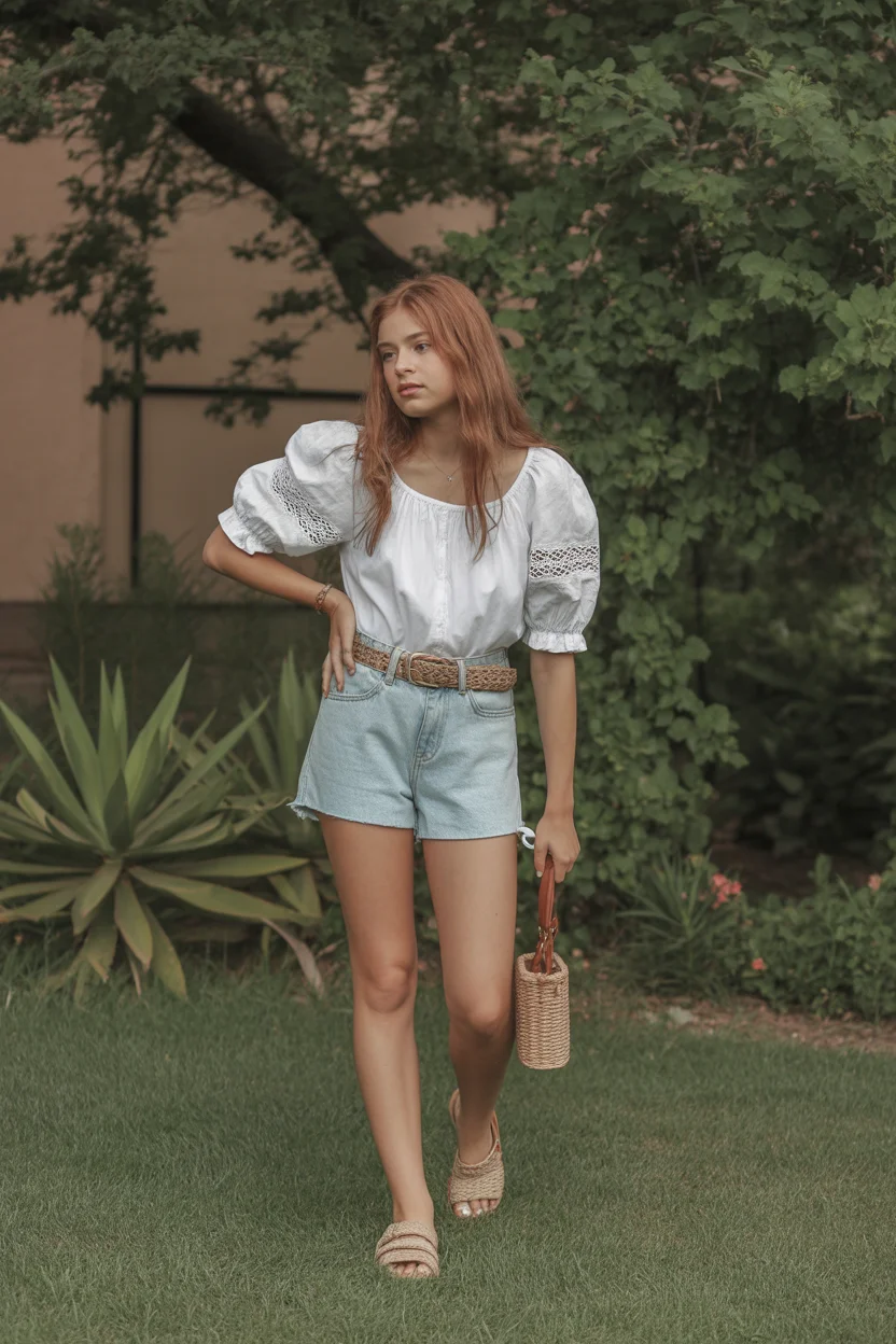 cute summer outfits for teens 2026 White Blouse And High Waist Denim Shorts Cottage Cool 14