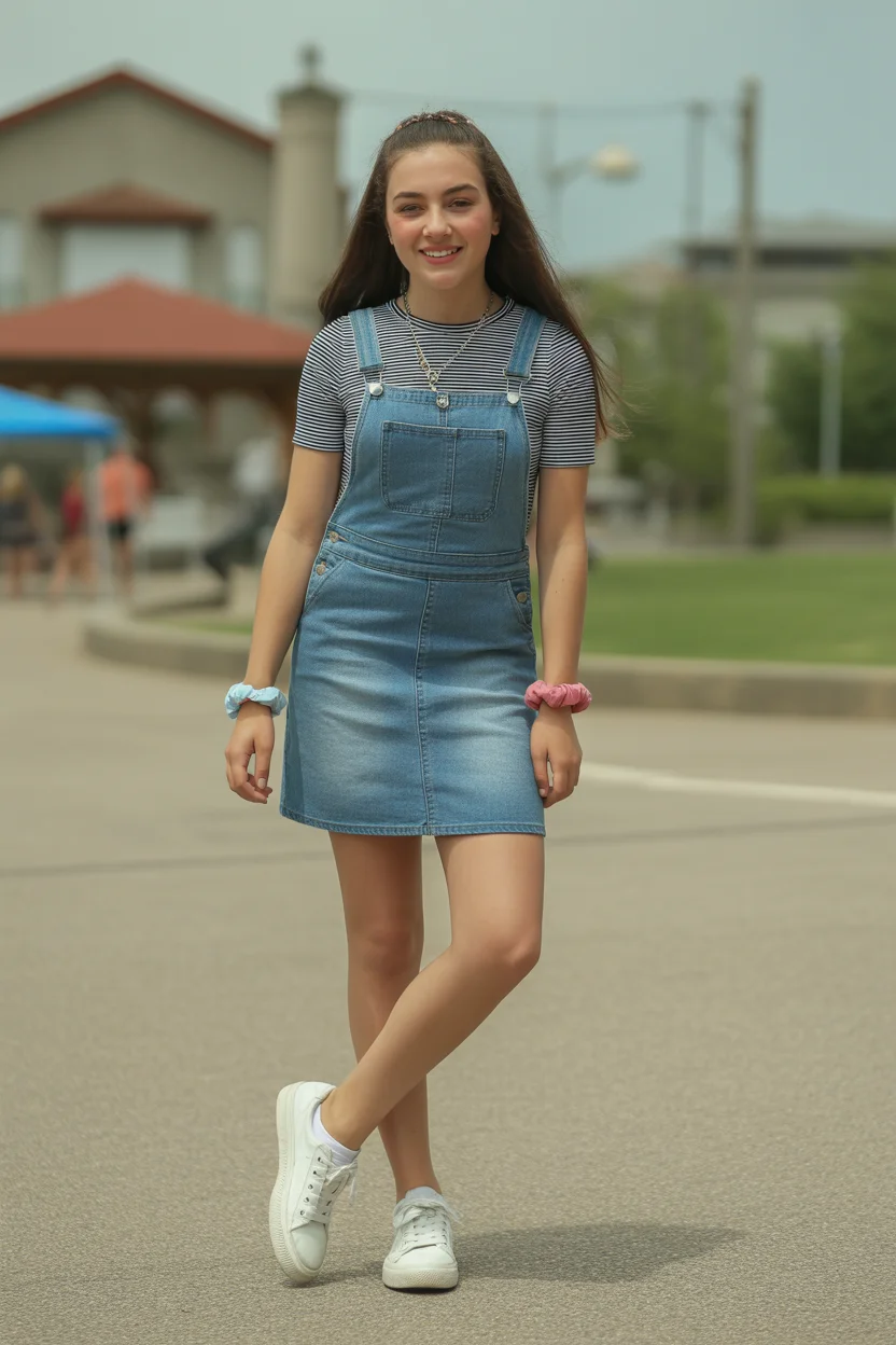 cute summer outfits for teens 2026 Denim Overall Dress With Striped Tee 18