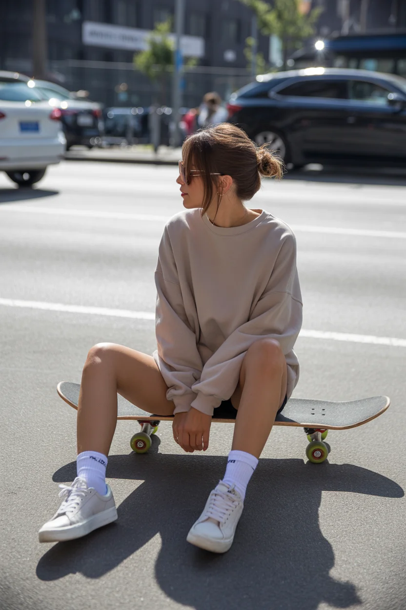 cute summer outfits for teens 2026 Oversized Sweatshirt And Skate Girl Cool