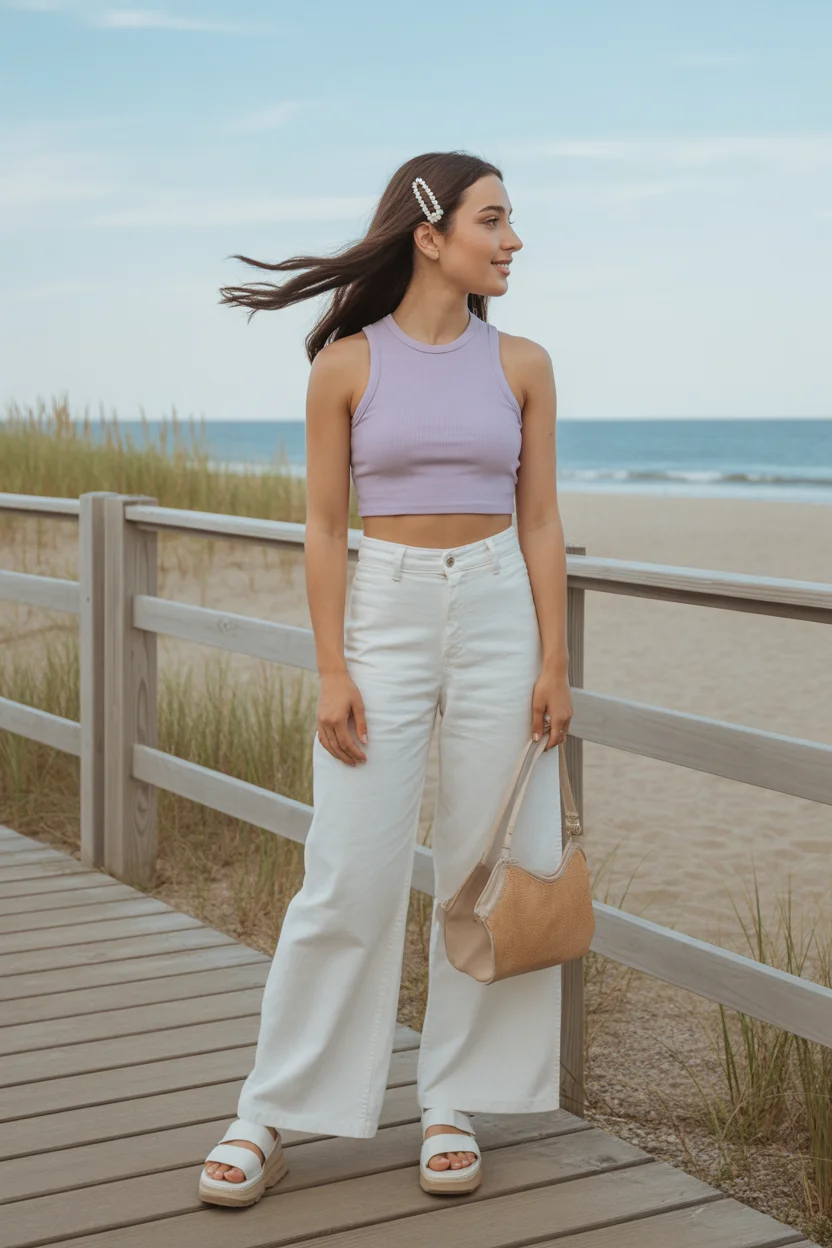 cute summer outfits for teens 2026 Lavender Crop Top And Wide Leg Coastal Walk