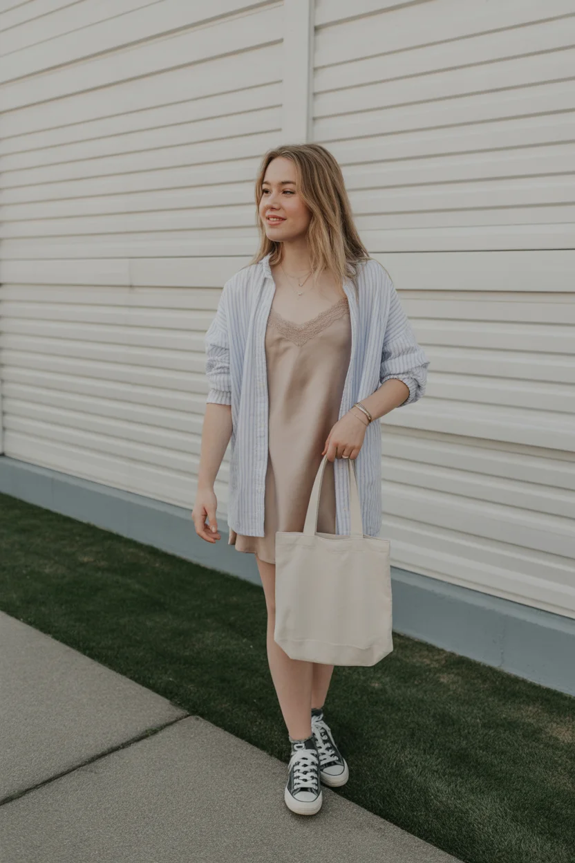 cute summer outfits for teens 2026 Silky Slip Dress With Sporty Sneaker Twist 6