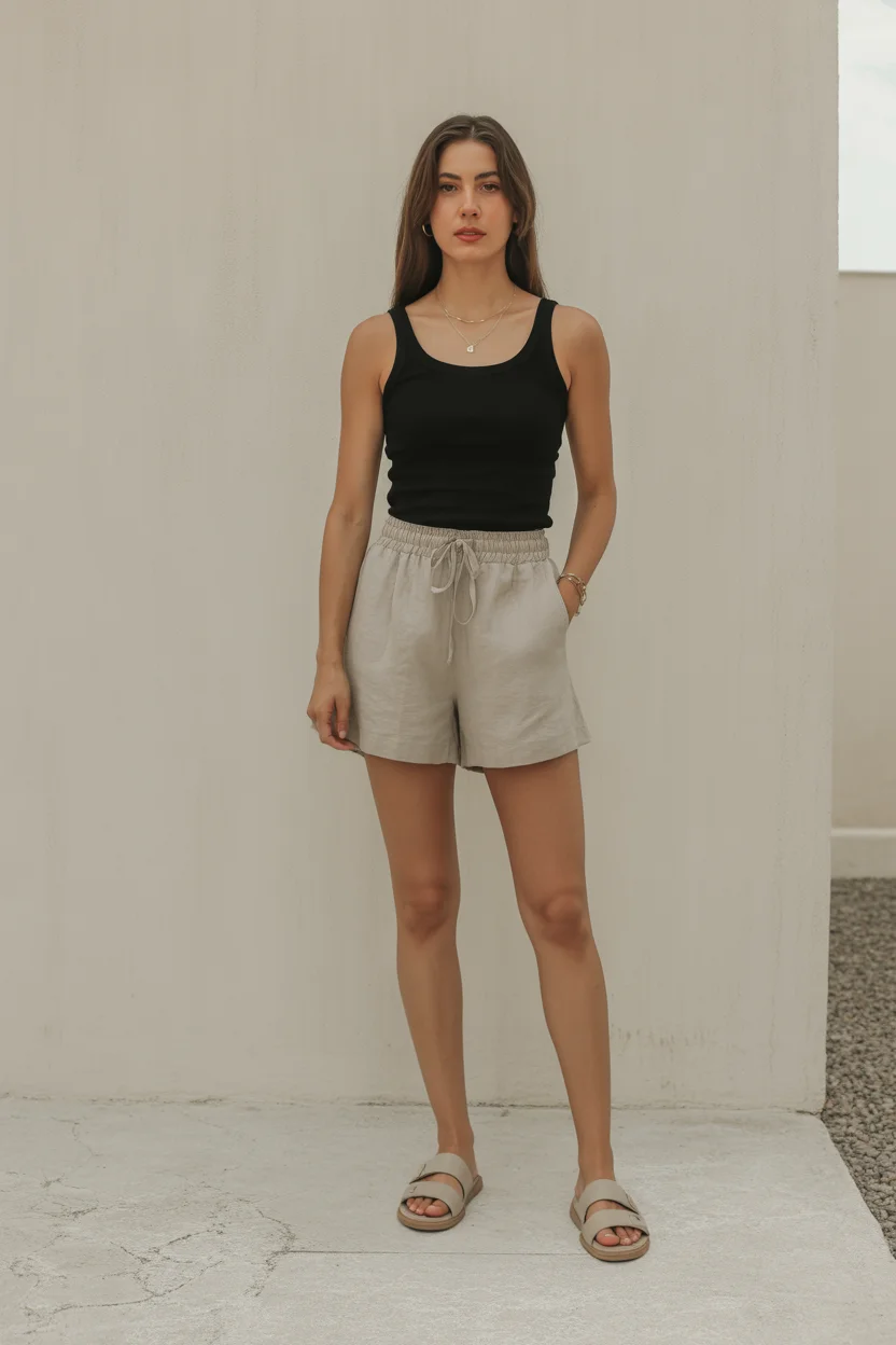 cute summer outfits for teens 2026 Minimal Black Tank And Linen Shorts Confidence 7