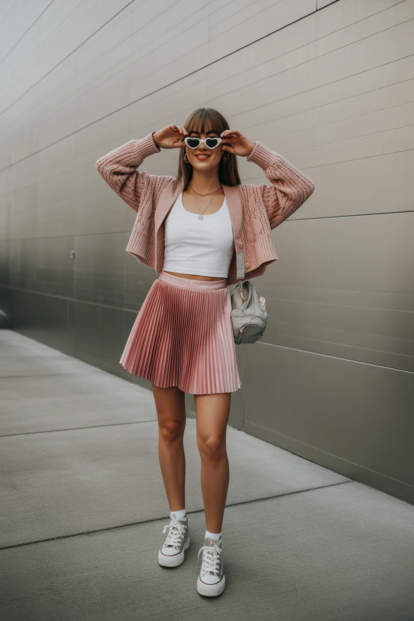 cute summer outfits for teens 2026 Pink Cardigan And Pleated Skirt Playful Layers 9