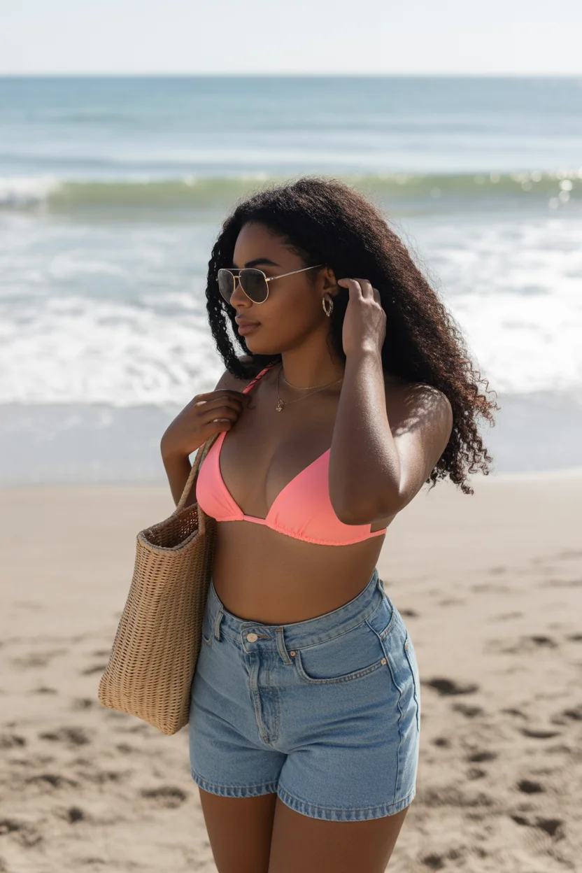 cute summer swimsuits outfits ideas 2026 Coral Bikini Top with Denim Shorts 11