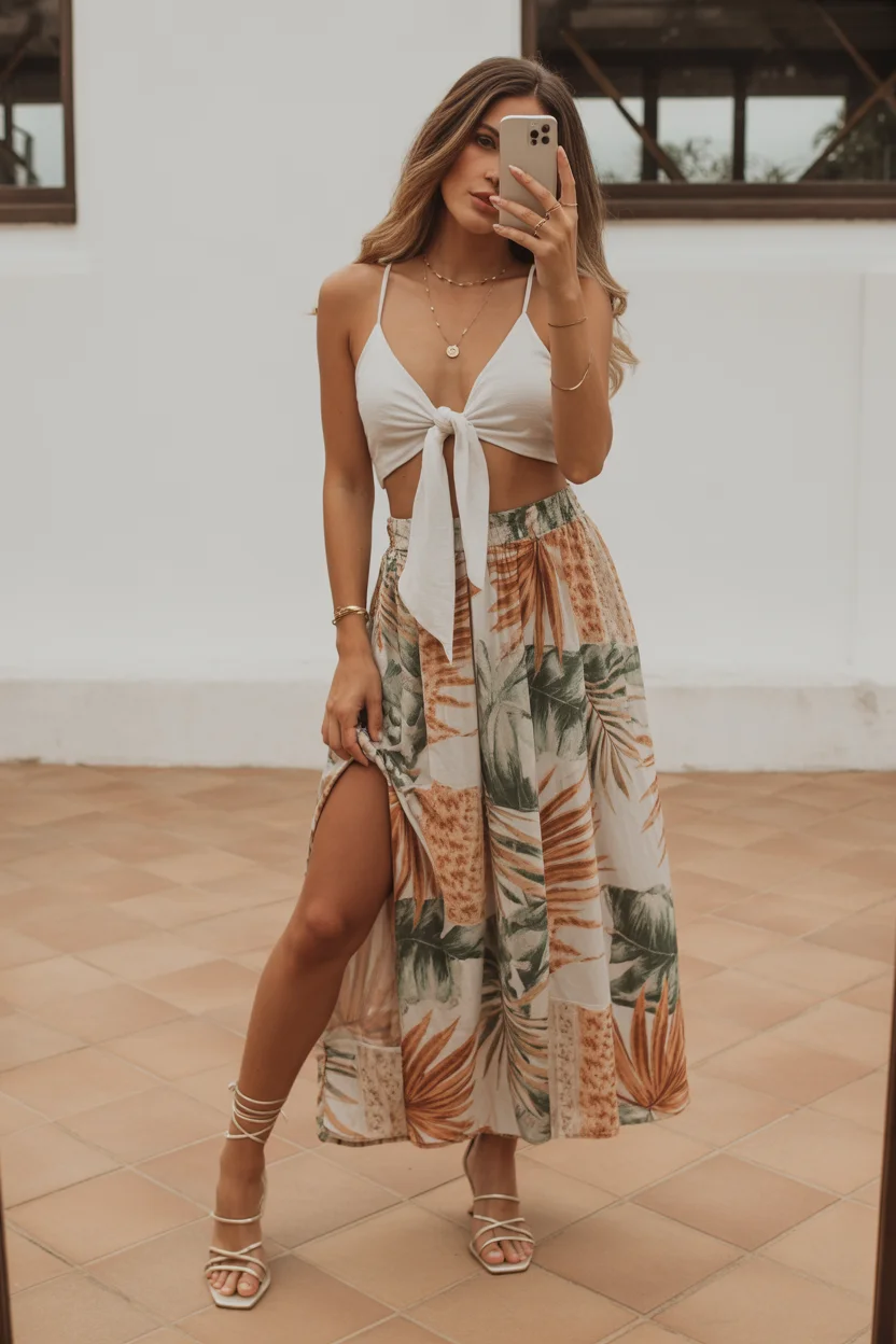 cute summer swimsuits outfits ideas 2026 White Tie Front Top with Tropical Skirt 14