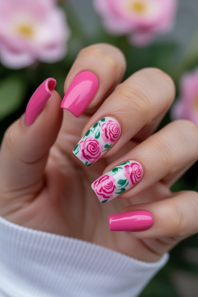 elegant pink spring nails 2026 rose floral nail art 10