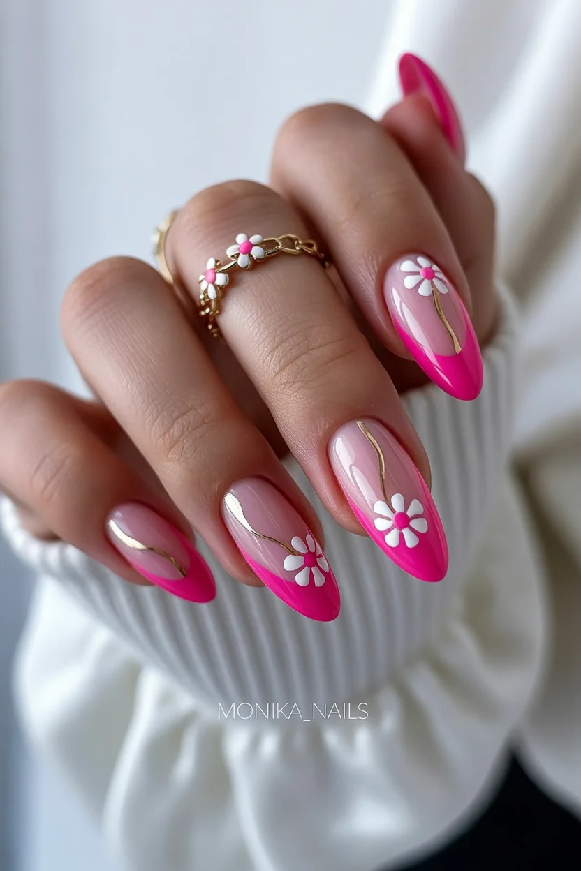 elegant pink spring nails 2026 daisy gold manicure 12