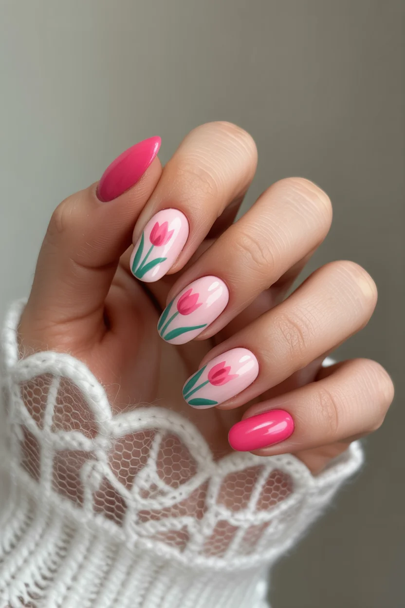 elegant pink spring nails 2026 tulip nail art 13