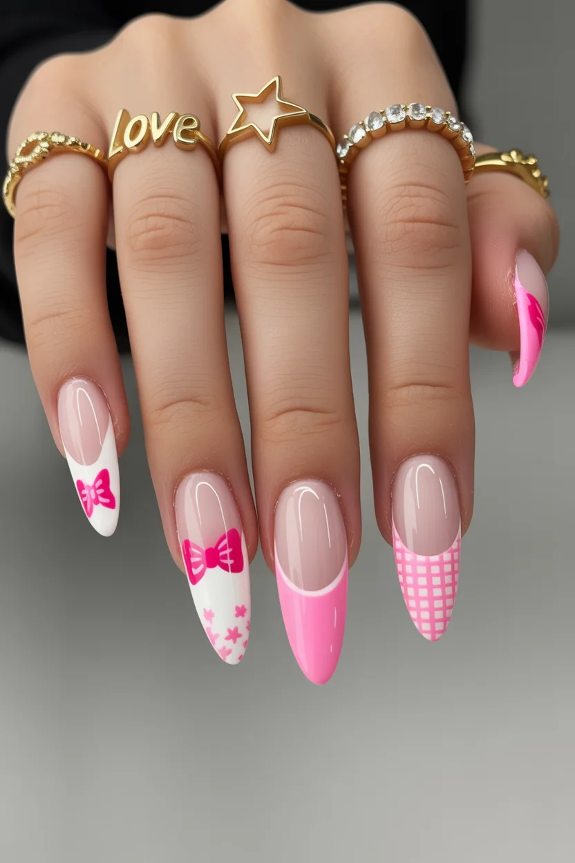 elegant pink spring nails 2026 bow nail art design 20