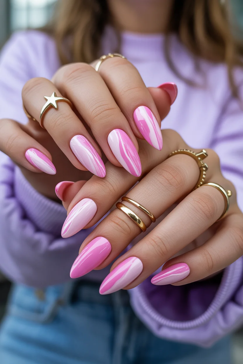 elegant pink spring nails 2026 marble swirl almond design