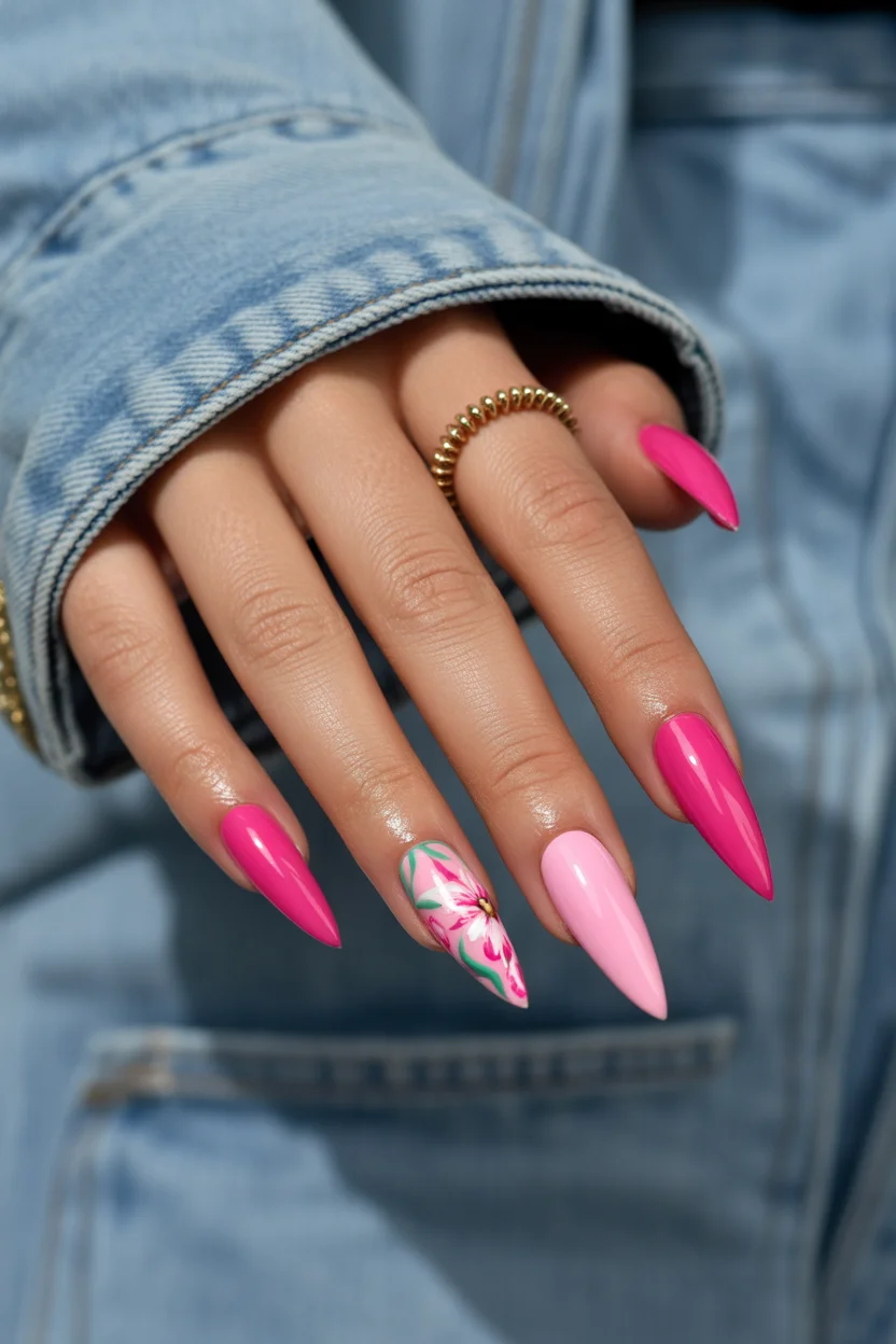 elegant pink spring nails 2026 bright floral accent 6