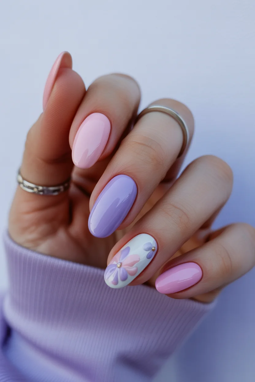 elegant pink spring nails 2026 pastel lavender flower design 7