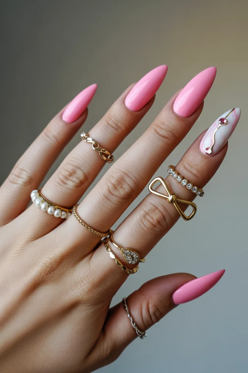 elegant pink spring nails 2026 gold accent almond nails 8