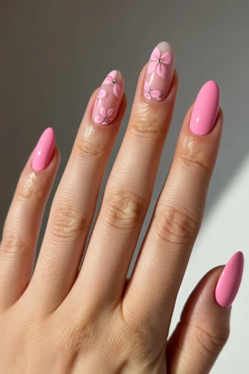elegant pink spring nails 2026 3d floral manicure 9