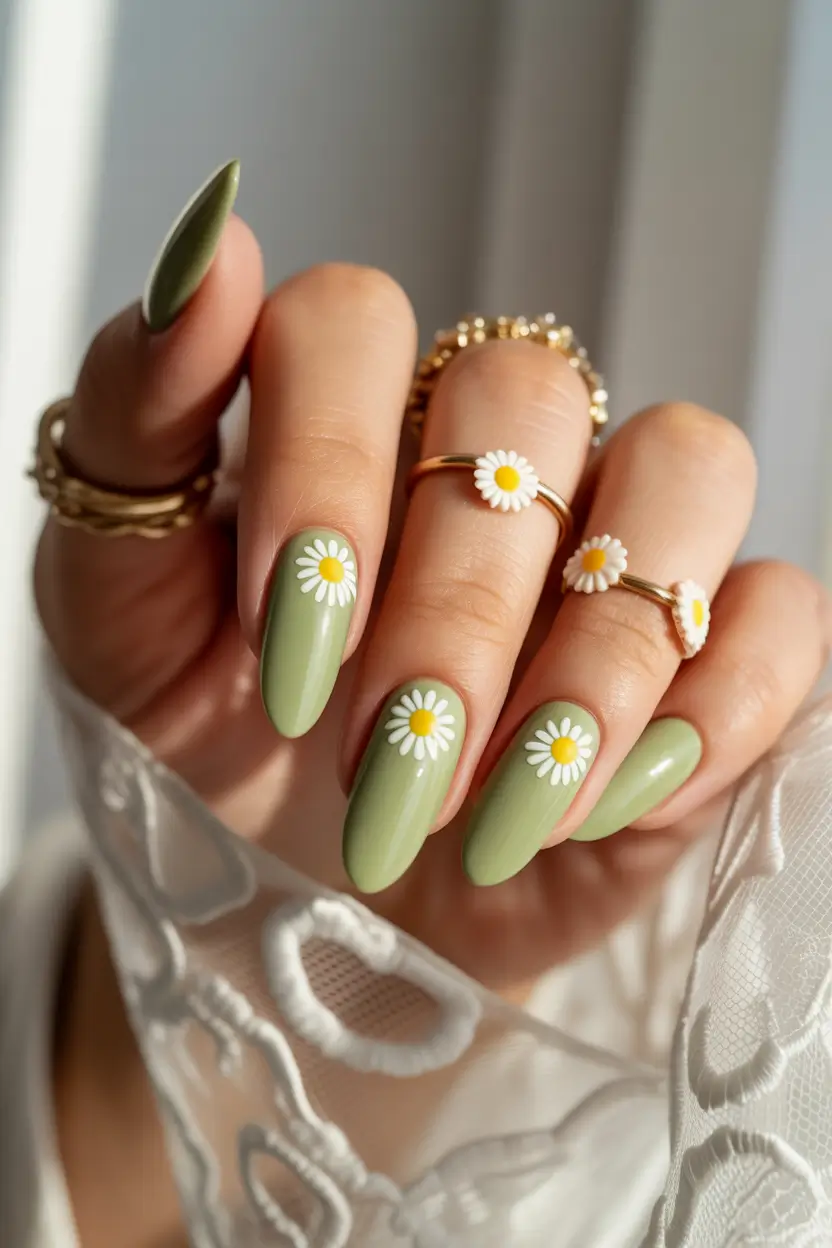 spring almond nails 2026 sage green daisies all over 13
