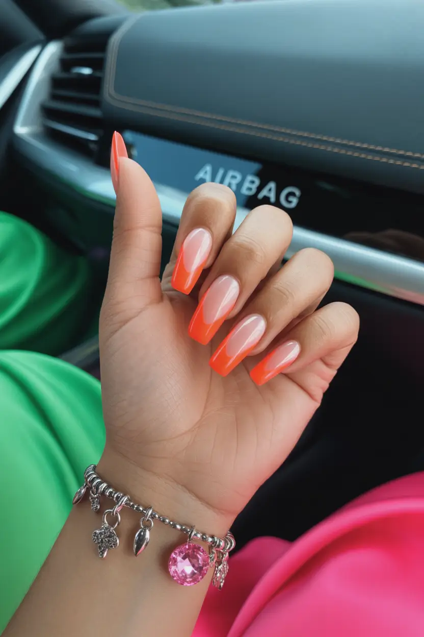 spring almond nails 2026 neon coral french fade 14
